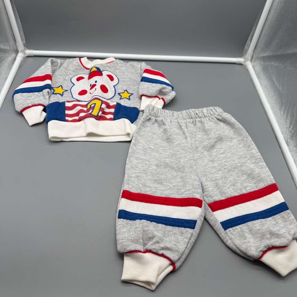 Vintage Doe-Spun Baby Sweatsuit Set Gray Teddy Bear 6-9 Months 2pc Sporty